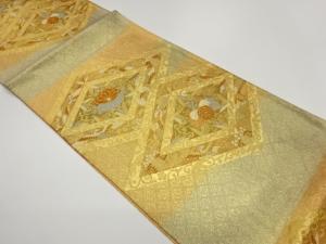 菱に花鳥・唐草模様織出し袋帯